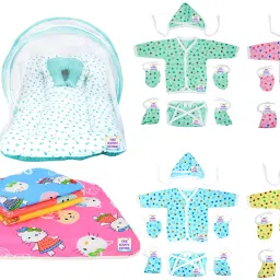 Baby Bedding Set and Heart Mosquito Net Light Blue| 4 Mats | 4 Clothing Set Sleeping Bag-9