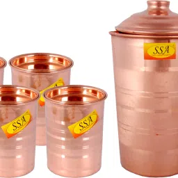 Pure Copper Jug / Pitcher with 4 Glasses - Drinkware Set - Silver Touch Design - (Capacity = 1.5 - Liter) - 5 Pieces Set Jug Glass Set-image-31
