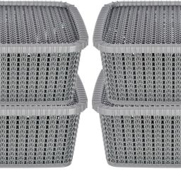 heart home Plastic Multipurposes Large M 20 Plastic Basket, Organizer With Lids- Pack of 4 (Grey) Storage Basket-picture-49