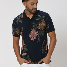 mufti Men Printed Polo Neck Cotton Blend Dark Blue T-Shirt-picture-29