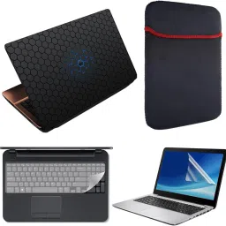 Finest 4 in 1 Combo Pack of Printed Vinyl Laptop Skin Decal Sticker, Reversible Sleeve, Key and Screen Protector Guard for 15.6 Inch Laptop - Balck Hexagon Combo Set-16