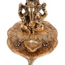 INTERNATIONAL GIFT Gold Toned Lord Ganesha on Leaf with Diya & Red Velvet Box-image-142