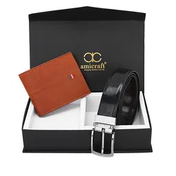 amicraft Men Black & Brown Solid Wallet & Belt Accessory Gift Set-image-25
