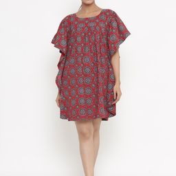 Indian Virasat Round Neck Ethnic Motifs Printed Cotton Kaftan Dress-picture-16