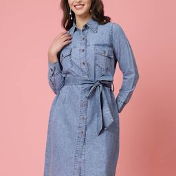 plusS Blue Shirt Collar Belted Cotton Shirt Dress-37