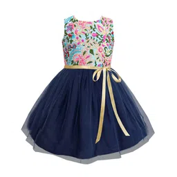A T U N Girls Navy Blue & Turquoise Blue Floral Embroidered Net Dress-image-95