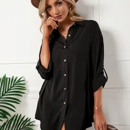 StyleCast Black Shirt Collar Roll-Up Sleeves Shirt Dress-image-131