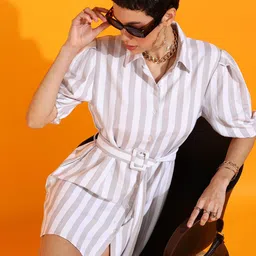 PRETTY LOVING THING Shirt collar Puff Sleeves Striped Shirt Dress-image-41