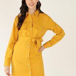 Mast & Harbour Yellow Shirt Collar Cuffed Sleeves Belted Shirt Dress-image-2