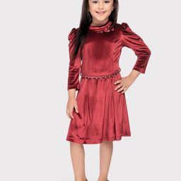 Tiny Baby Girls Halter Neck Three Quarter Puff Sleeves Knee Length Velvet Dress with Belt-image-14