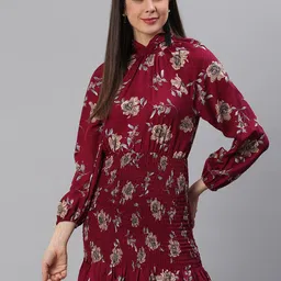 BAESD Floral Printed Tie-Up Neck Puff Sleeve Crepe Shirt Dress-image-37