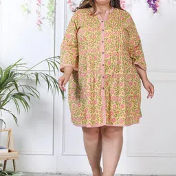 KALINI Plus Size Floral Printed Mandarin Collar Cotton Shirt Dress-image-51