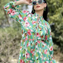 plusS Floral Print Tie-Up Neck Bell Sleeves Fit & Flare Dress-image-36