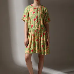 Dora Dori Floral Printed Kantha Work Dress-image-6