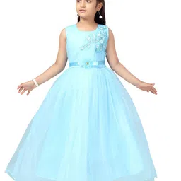 Aarika Girls Turquoise Blue Embroidered Net Dress-picture-43