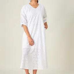 The Kaftan Company Women White Embroidered Cotton Resort Dress-image-27