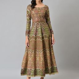 W Red & Green Ethnic Motifs Chiffon Ethnic Maxi Dress-image-56