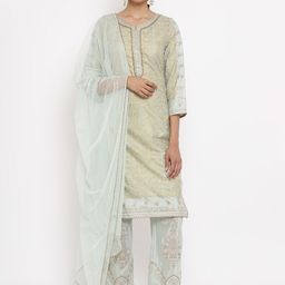 WISHFUL Women Sea Green Ethnic Motifs Printed Sequinned Kurta with Trousers & With Dupatta-7
