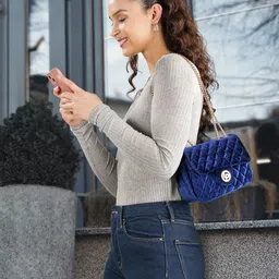 Lino Perros Navy Blue Quilted Shoulder Bag with Velvet Finish-25