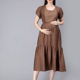 NIGHTSPREE Brown Floral Embroidered Maternity Fit & Flared Midi Cotton Dress-picture-46