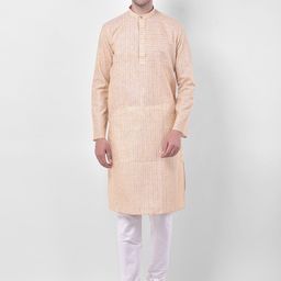 TABARD Men Yellow Striped Cotton Linen Kurta with Churidar-image-13