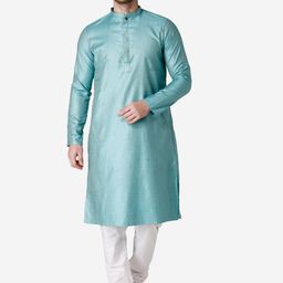 TABARD Men Turquoise Blue & White  Jacquard Woven Design Kurta with Churidar-image-56