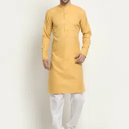 NEUDIS Men Yellow & White Regular Pure Cotton Kurta with Churidar-picture-15