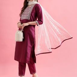 VredeVogel Women Ethnic Motifs Yoke Design Regular Thread Work Kurta with Trousers & With Dupatta-8