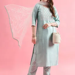 VredeVogel Women Floral Embroidered Regular Thread Work Kurta with Trousers & With Dupatta-19