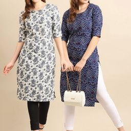 KALINI Women Pack Of 2 White & Blue Floral Printed Crepe Kurta-image-48