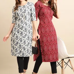 KALINI Women Pack Of 2 White & Black Printed Block Print Crepe Kurtas-30