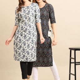 KALINI Women Pack Of 2 White & Black Ethnic Motifs Printed Block Print Crepe Kurta-image-79