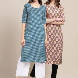 KALINI Women Multicoloured Geometric Keyhole Neck Block Print Handloom Crepe Kurta-picture-31
