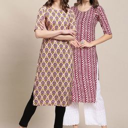 KALINI Women Pack of 2 Purple & Beige Geometric Block Print Crepe Kurtas-64