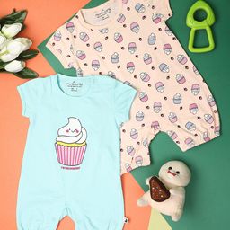 V-Mart Infants Pack of 2 Printed Pure Cotton Round Neck Rompers-image-73