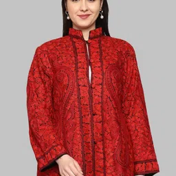 CRAFTBAZAR Floral Embroidered  Woollen Longline Open Front Jacket-3