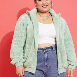 SASSAFRAS Curve Plus Size Green Self Design Mock Collar Bomber Jacket-57