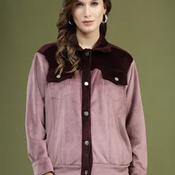 plusS Pink Self Design Spread Collar Bomber Jacket-image-41
