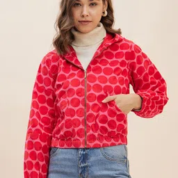 Antheaa Pink Geometric Printed Hooded Neck Corduroy Crop Bomber Jacket-37