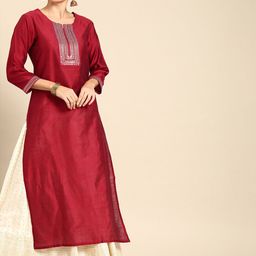Varanga Women Maroon Ethnic Motifs Yoke Design Thread Work Kurta-15