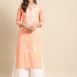 RANGMAYEE Women Peach-Coloured & White Pure Cotton Embroidered Chikankari Kurta-image-86