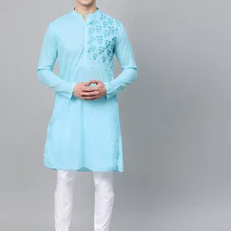 See Designs Men Turquoise Blue Embroidered Cotton Straight Kurta-15