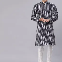 NEUDIS Men Navy Blue & White Geometric Printed Grandeur & Majestic Artwork Kurta-image-42
