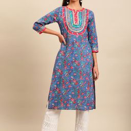 Sangria Women Floral Printed Gotta Patti Floral Cotton Kurta-image-131