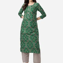HERE&NOW Women Green Bandhani Printed Gotta Patti Pure Silk Kurta with Trousers-32