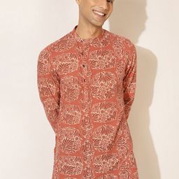 Fabindia FabBasic Men Rust Floral Printed Cotton Kurta-picture-18