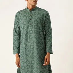 Armaan Ethnic Block Printed Mandarin Collar Cotton Linen Straight Kurta-91