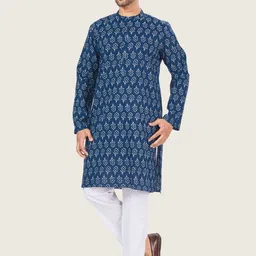 Studio Shringaar Floral Block Printed Band Collar Pure Cotton Straight Kurta-image-90