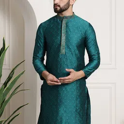 SOJANYA Men Teal Green Woven Design Straight Kurta-picture-6