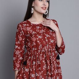 KALINI Floral Printed Round Neck Gathered A-Line Cotton Top-image-57